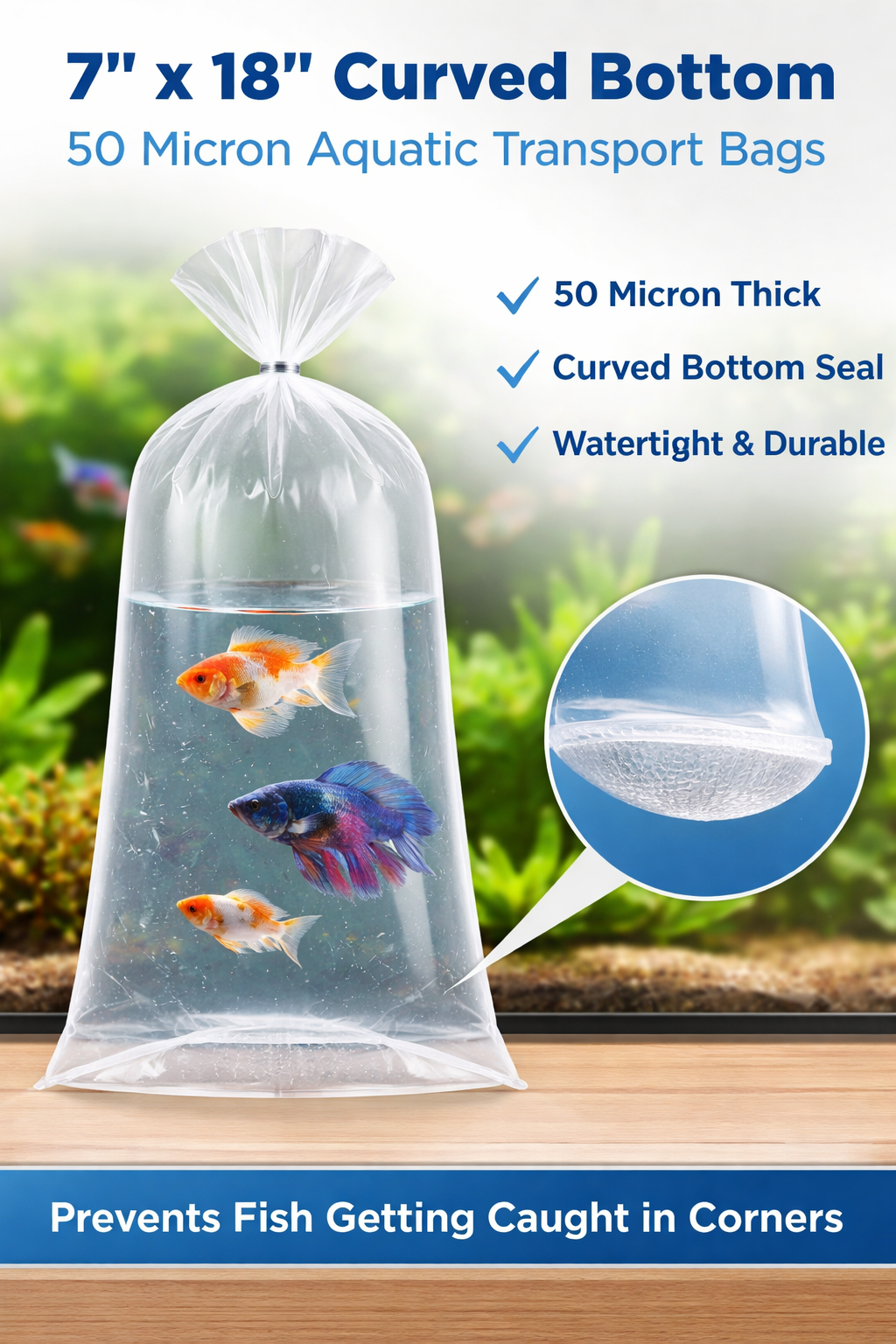7x18"50mu Curved Bottom Seal Aquatic Watertight Polythene Bags